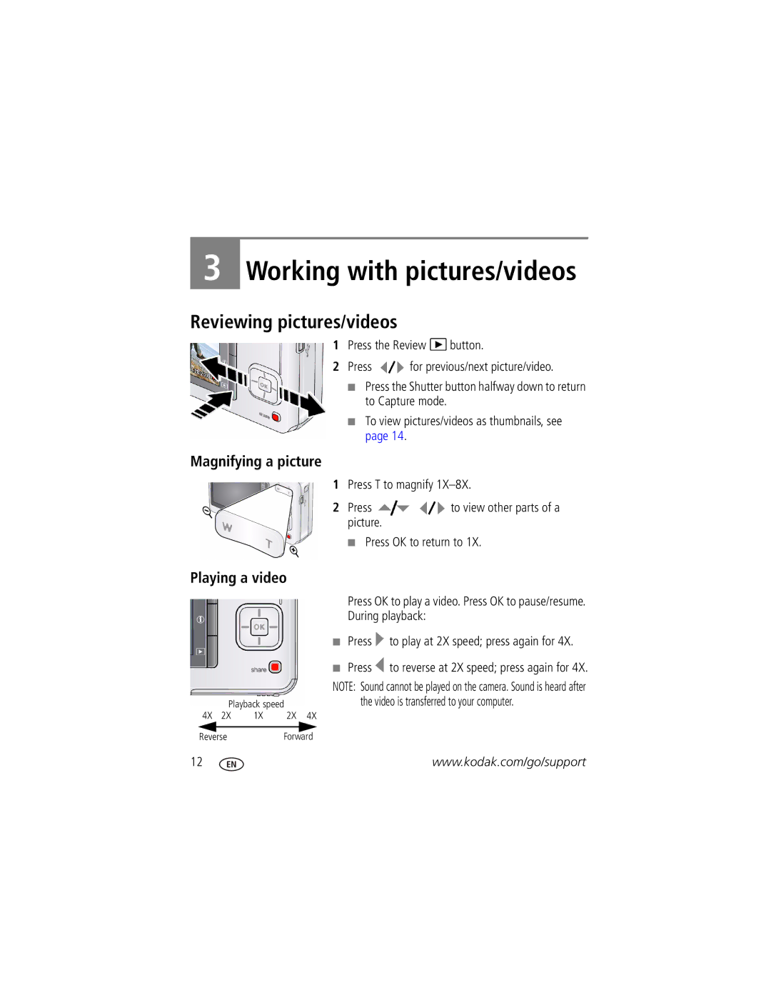 Kodak 8749400, 8898934 manual Reviewing pictures/videos, Magnifying a picture, Playing a video 