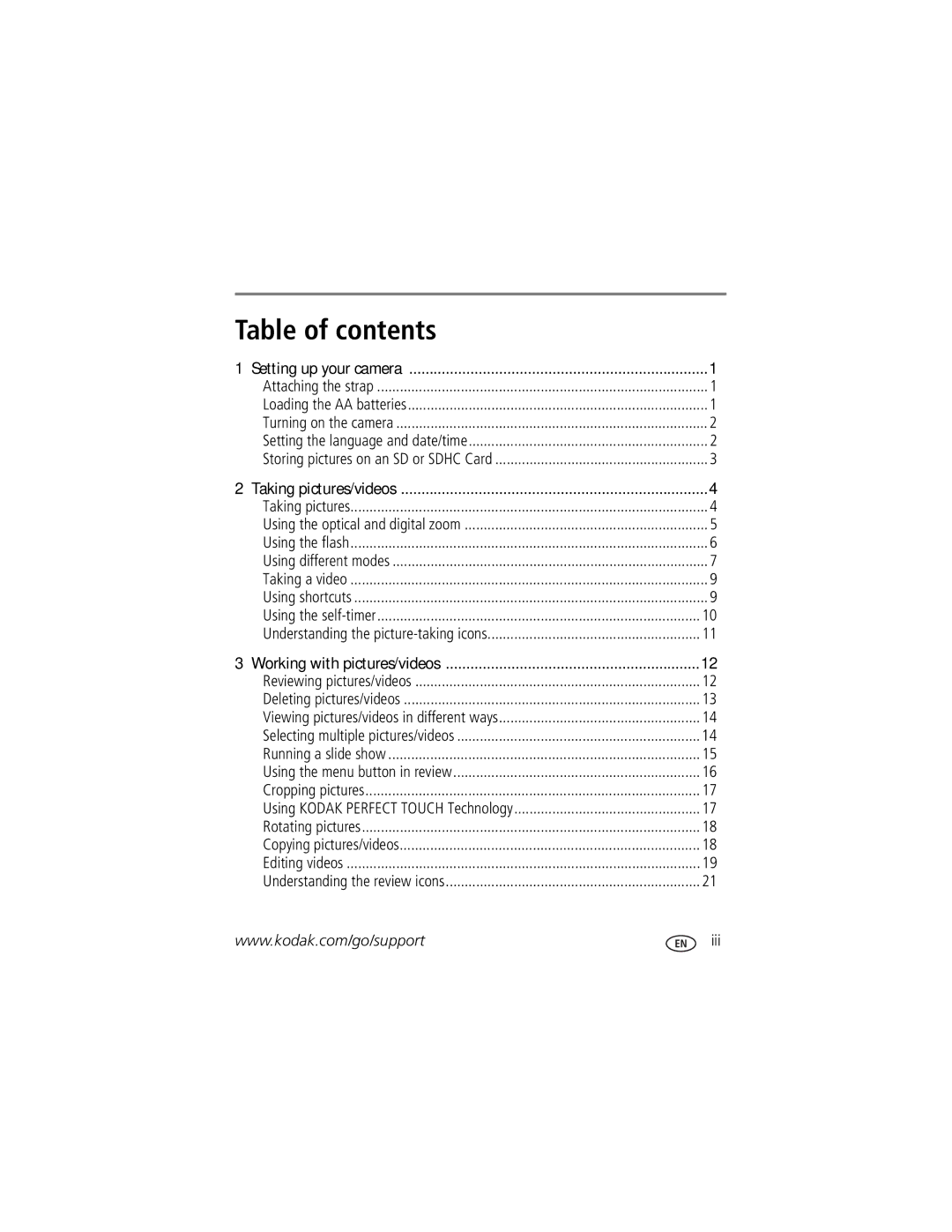 Kodak 8898934, 8749400 manual Table of contents 