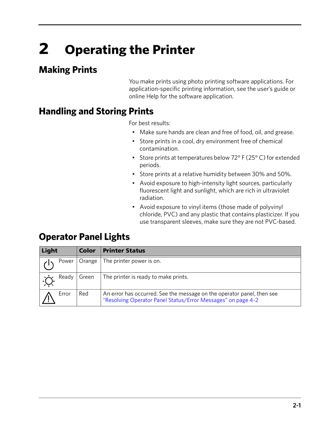 Kodak 8810 manual Operating the Printer, Making Prints, Handling and Storing Prints, Operator Panel Lights 