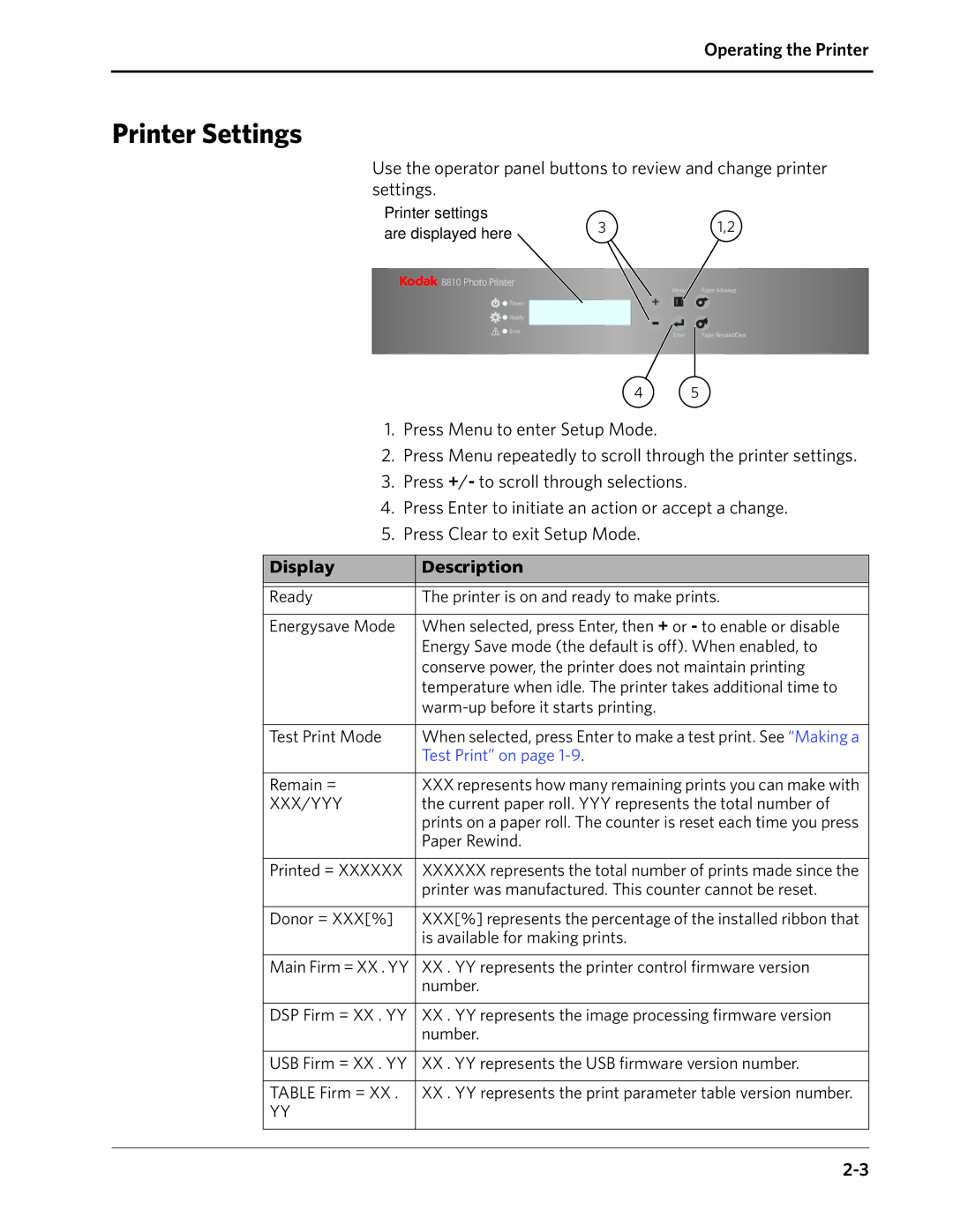 Kodak 8810 manual Printer Settings, Display Description 