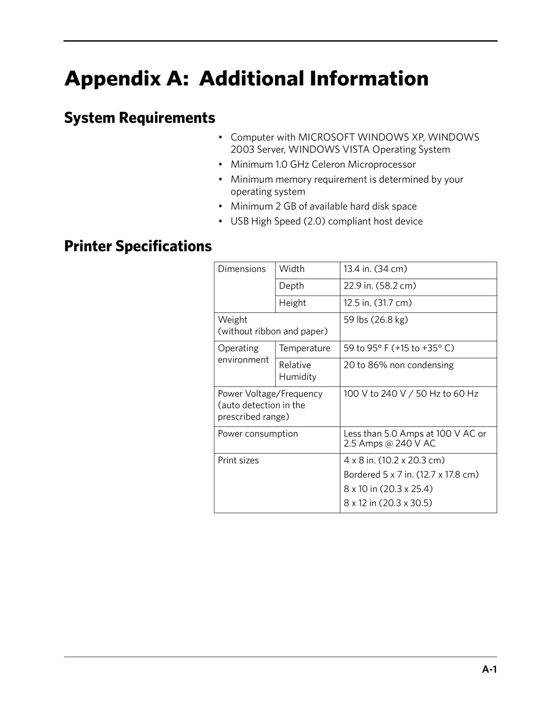 Kodak 8810 manual Appendix a Additional Information, System Requirements, Printer Specifications 