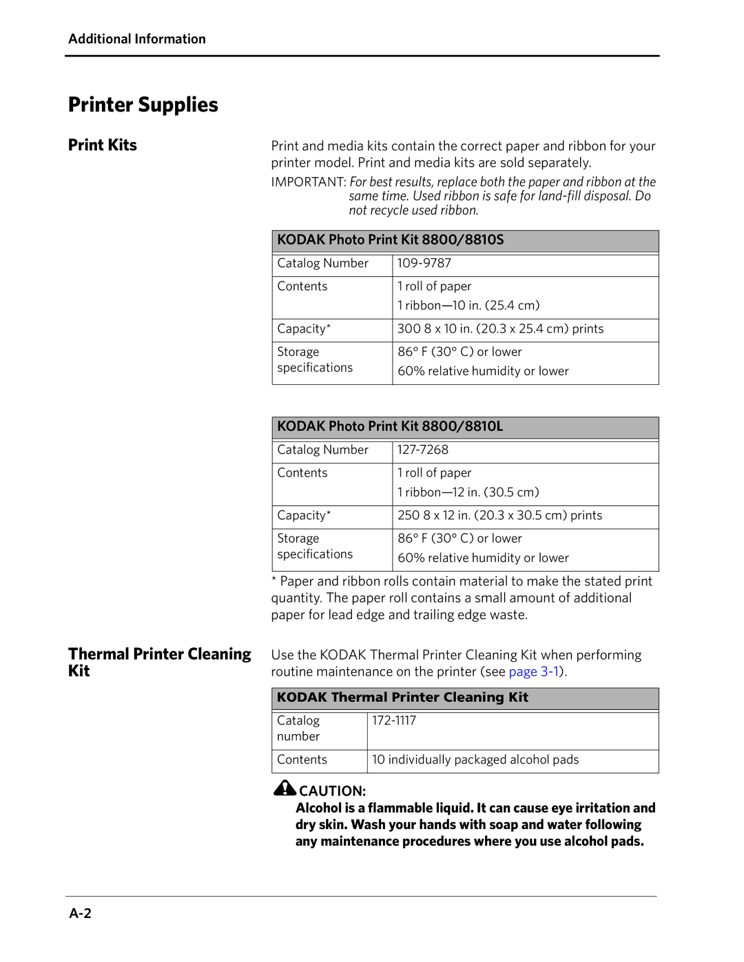 Kodak 8810 manual Printer Supplies, Kodak Thermal Printer Cleaning Kit 