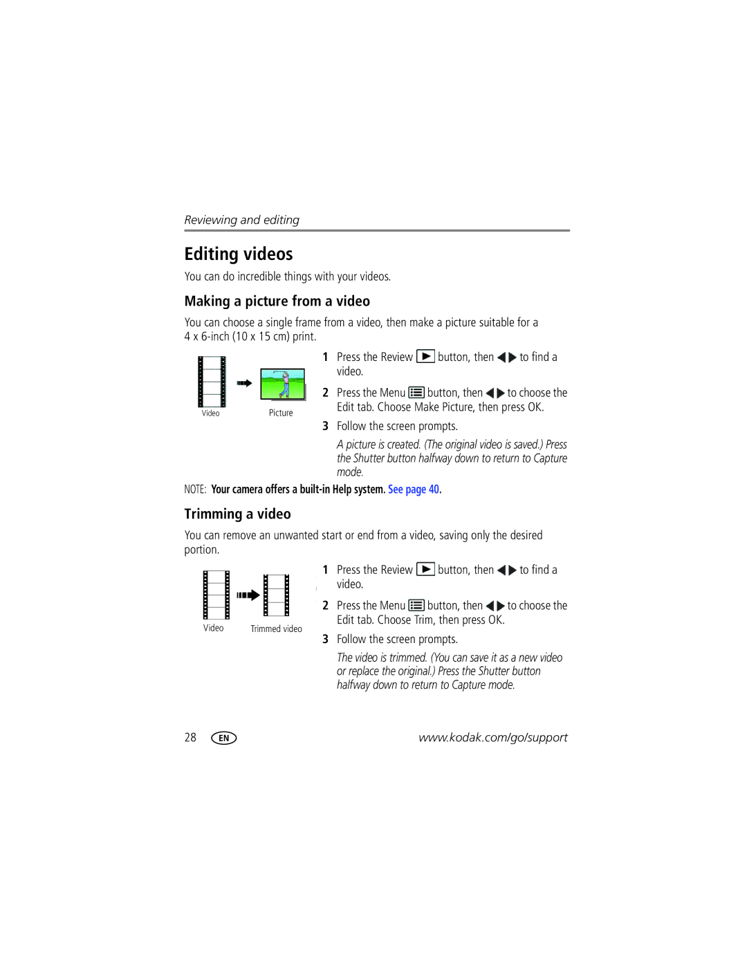 Kodak 8951899, 8836645, 1849637, C143 manual Editing videos, Making a picture from a video, Trimming a video 