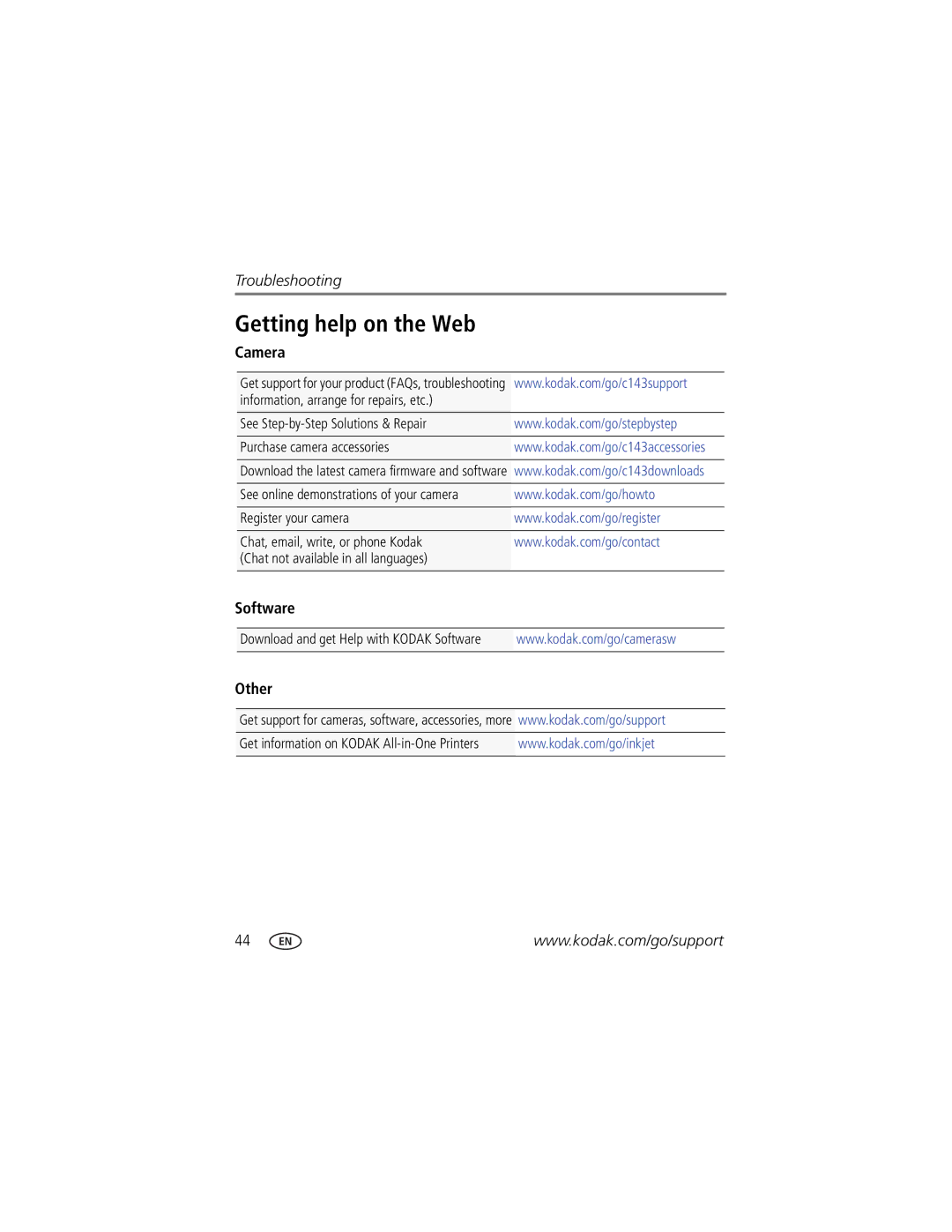 Kodak 8951899, 8836645, 1849637, C143 manual Getting help on the Web, Camera, Software, Other 