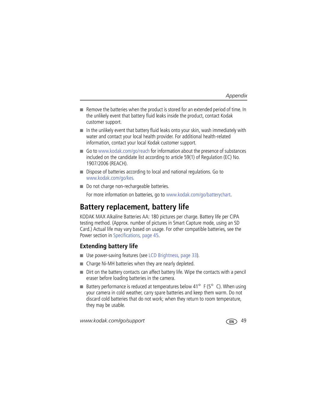 Kodak C143, 8836645 Battery replacement, battery life, Extending battery life, Do not charge non-rechargeable batteries 