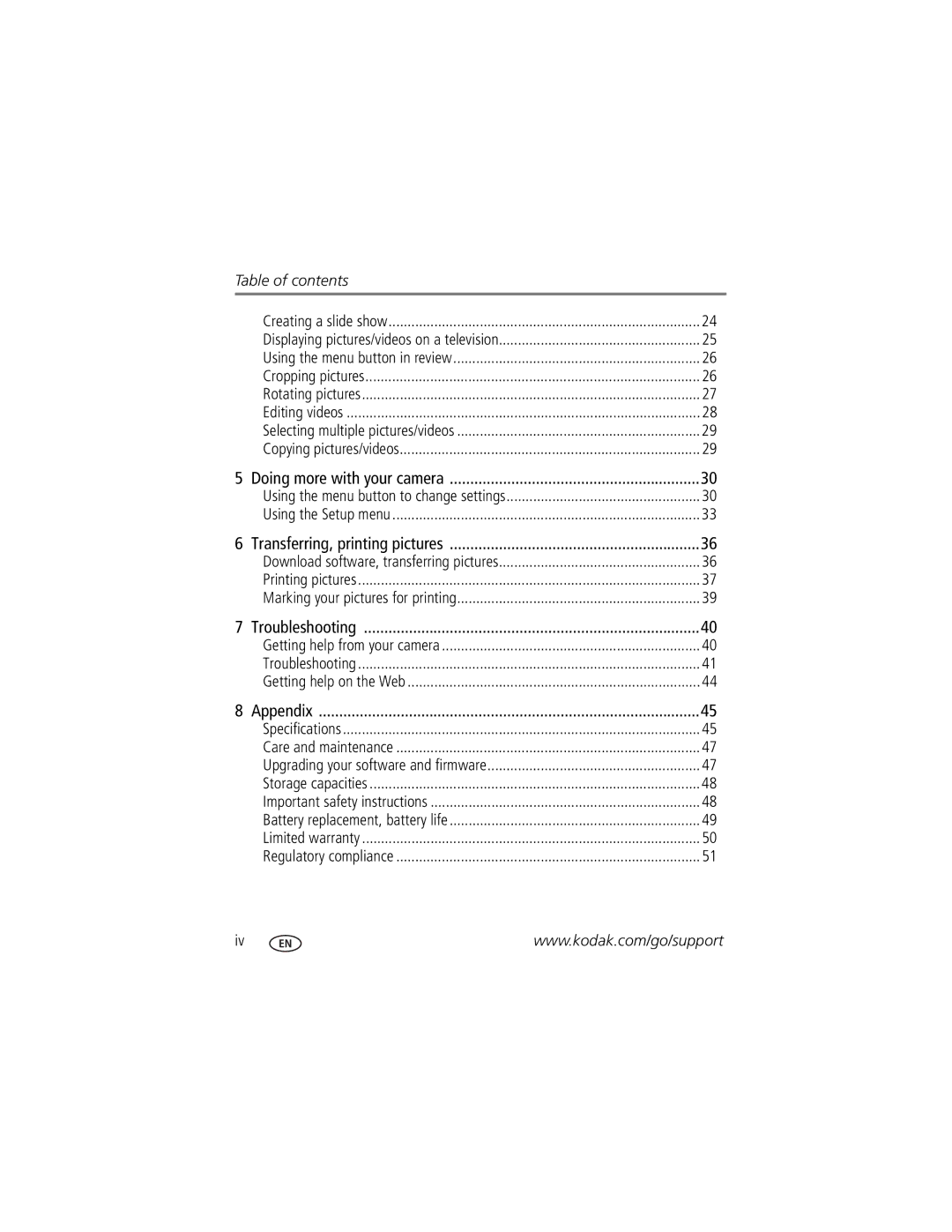 Kodak 8951899, 8836645, 1849637, C143 manual Table of contents 