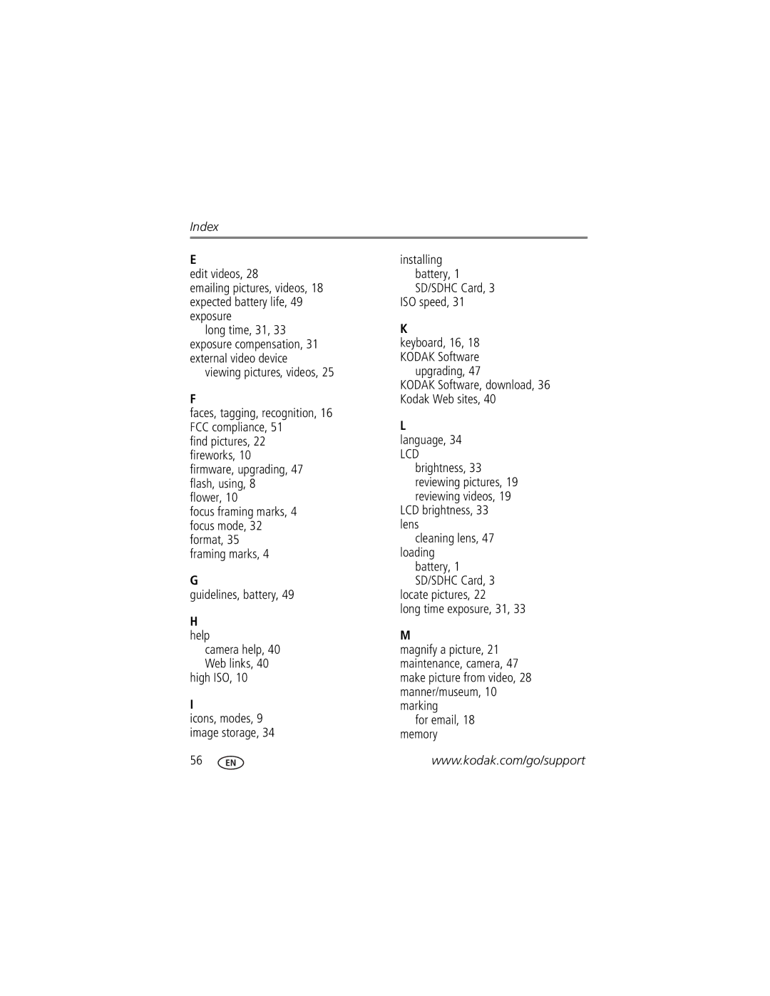 Kodak 8951899 Edit videos, Viewing pictures, videos, Framing marks Guidelines, battery Help, High ISO, ISO speed, Language 