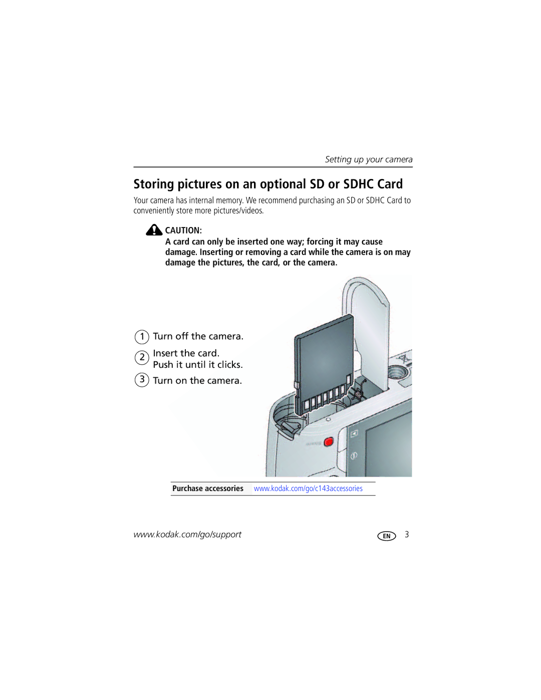 Kodak 1849637, 8836645, 8951899, C143 manual Storing pictures on an optional SD or Sdhc Card 