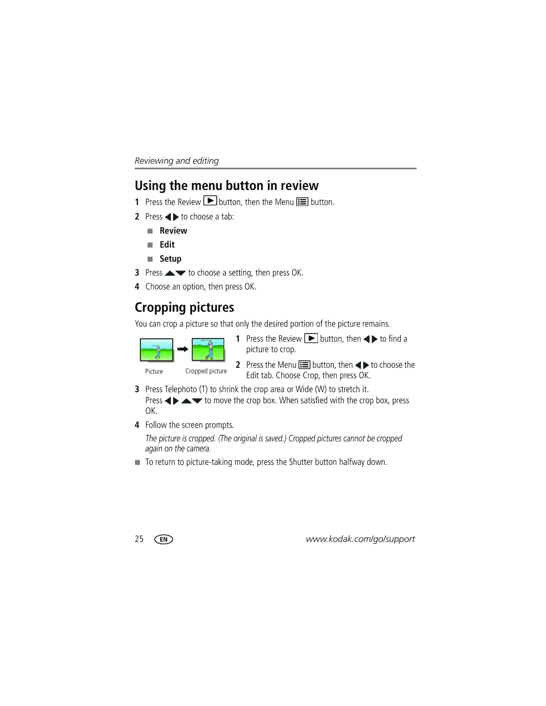 Kodak 8908832, 8261935, 1710722, C1530 manual Using the menu button in review, Cropping pictures, Review Edit Setup 
