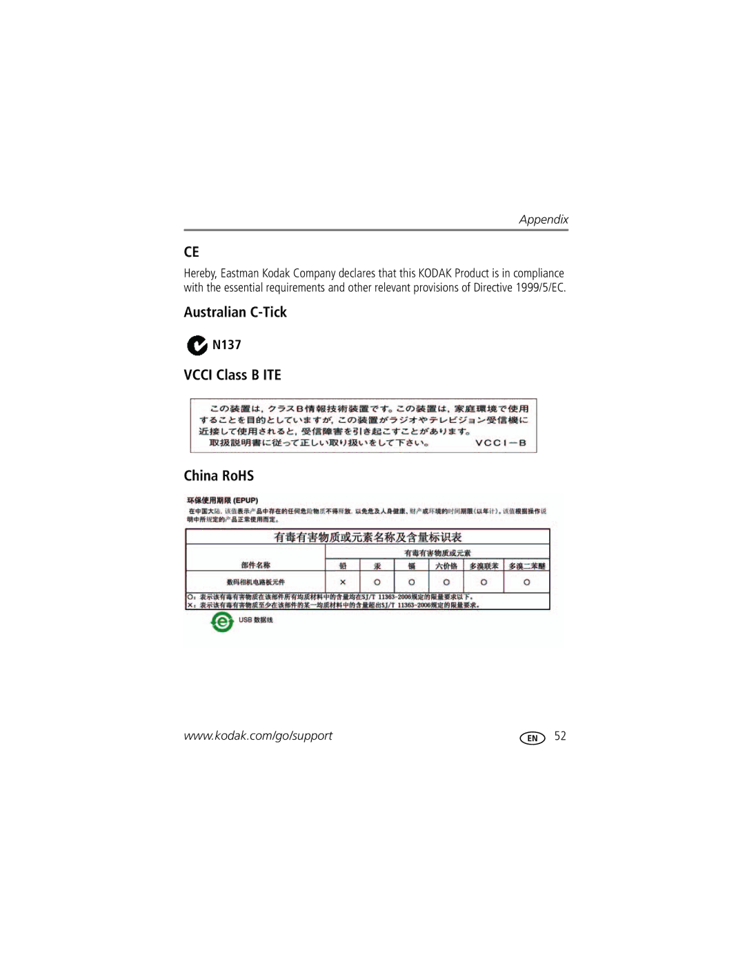 Kodak C1530, 8908832, 8261935, 1710722 manual Australian C-Tick, Vcci Class B ITE China RoHS, N137 