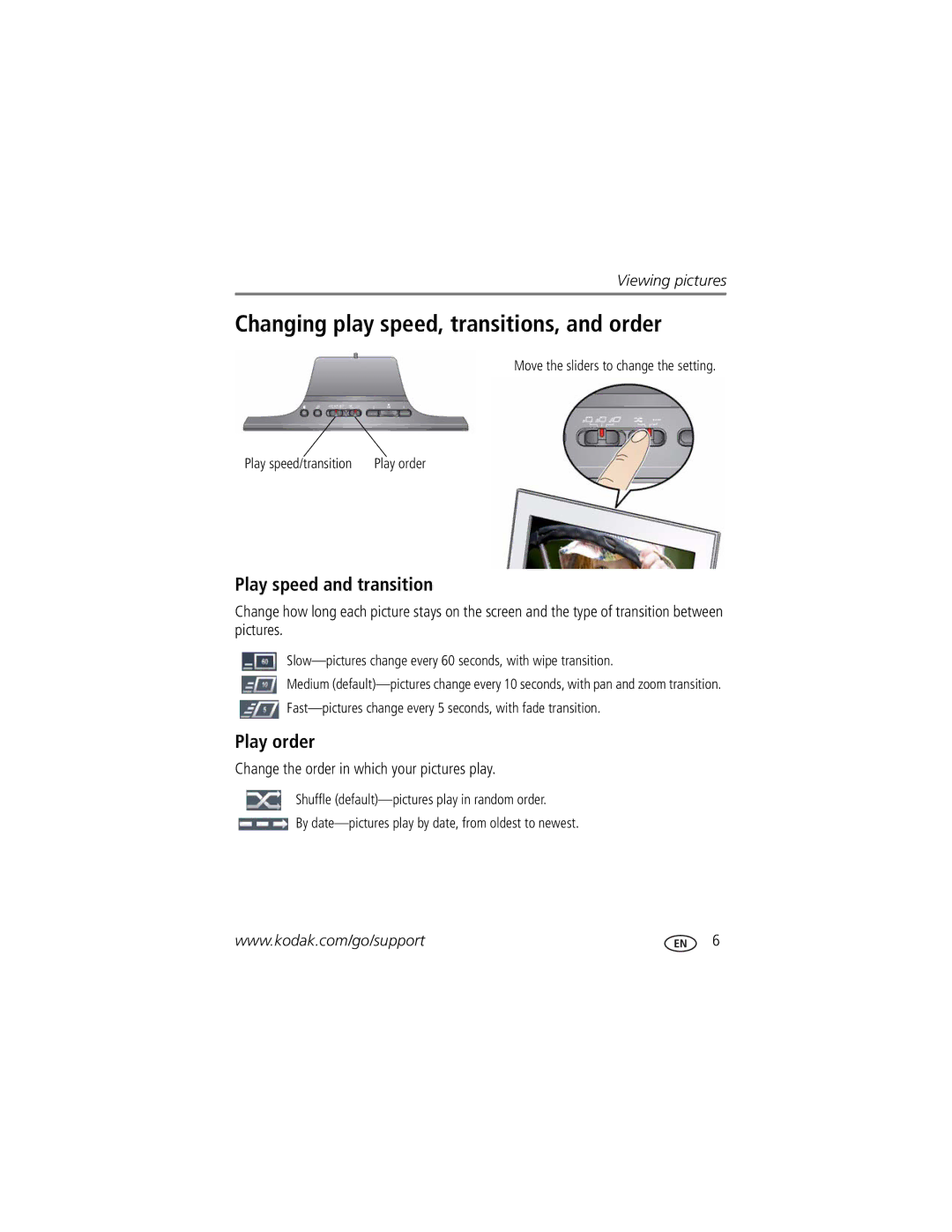 Kodak 8942930 manual Changing play speed, transitions, and order, Play speed and transition, Play order 