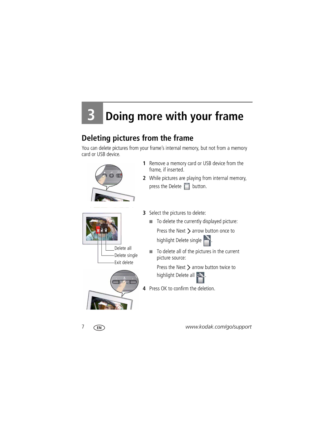 Kodak 8942930 manual Doing more with your frame, Deleting pictures from the frame 