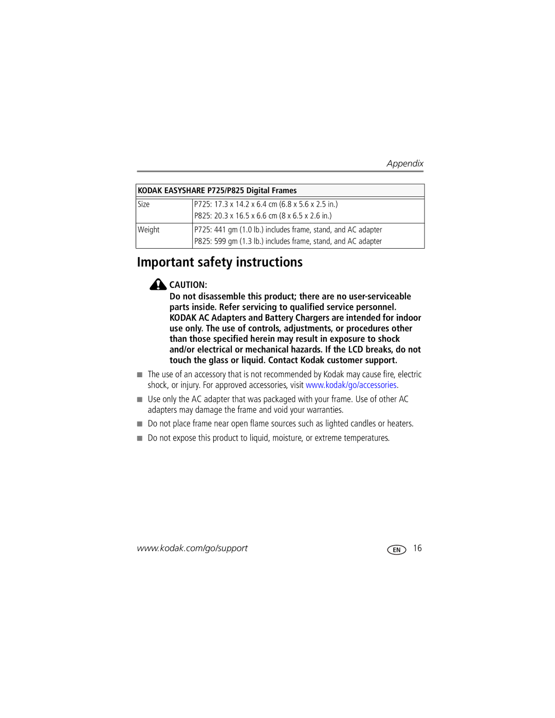 Kodak 8942930 manual Important safety instructions, Kodak Easyshare P725/P825 Digital Frames 