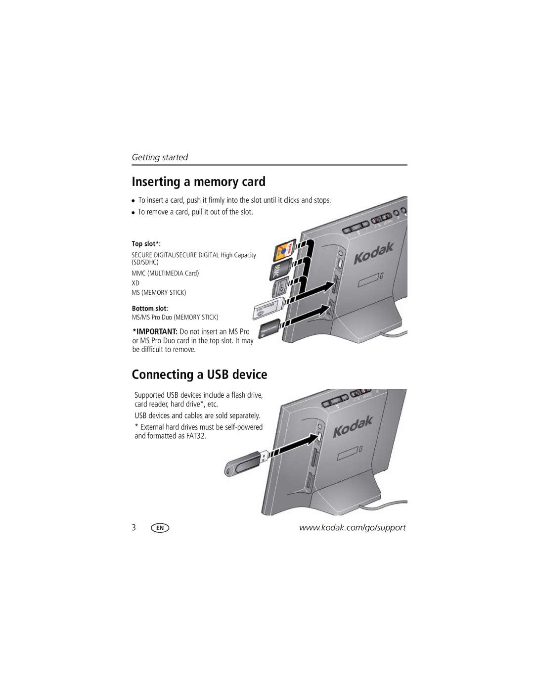 Kodak 8942930 manual Inserting a memory card, Connecting a USB device 