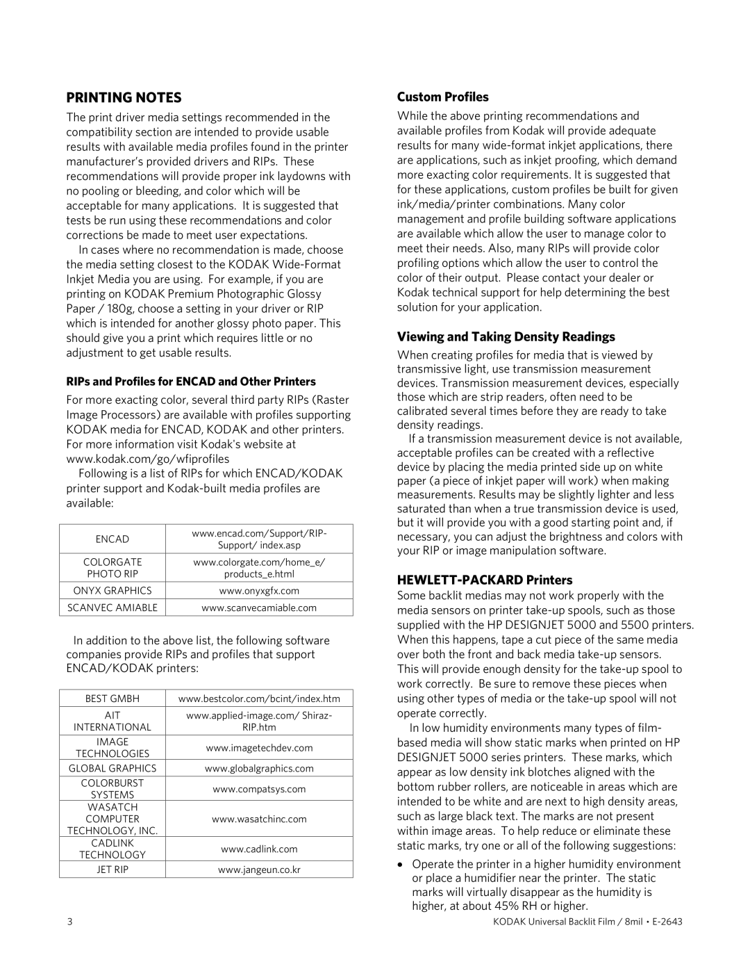 Kodak 8mil manual Printing Notes, Custom Profiles, Viewing and Taking Density Readings, HEWLETT-PACKARD Printers 