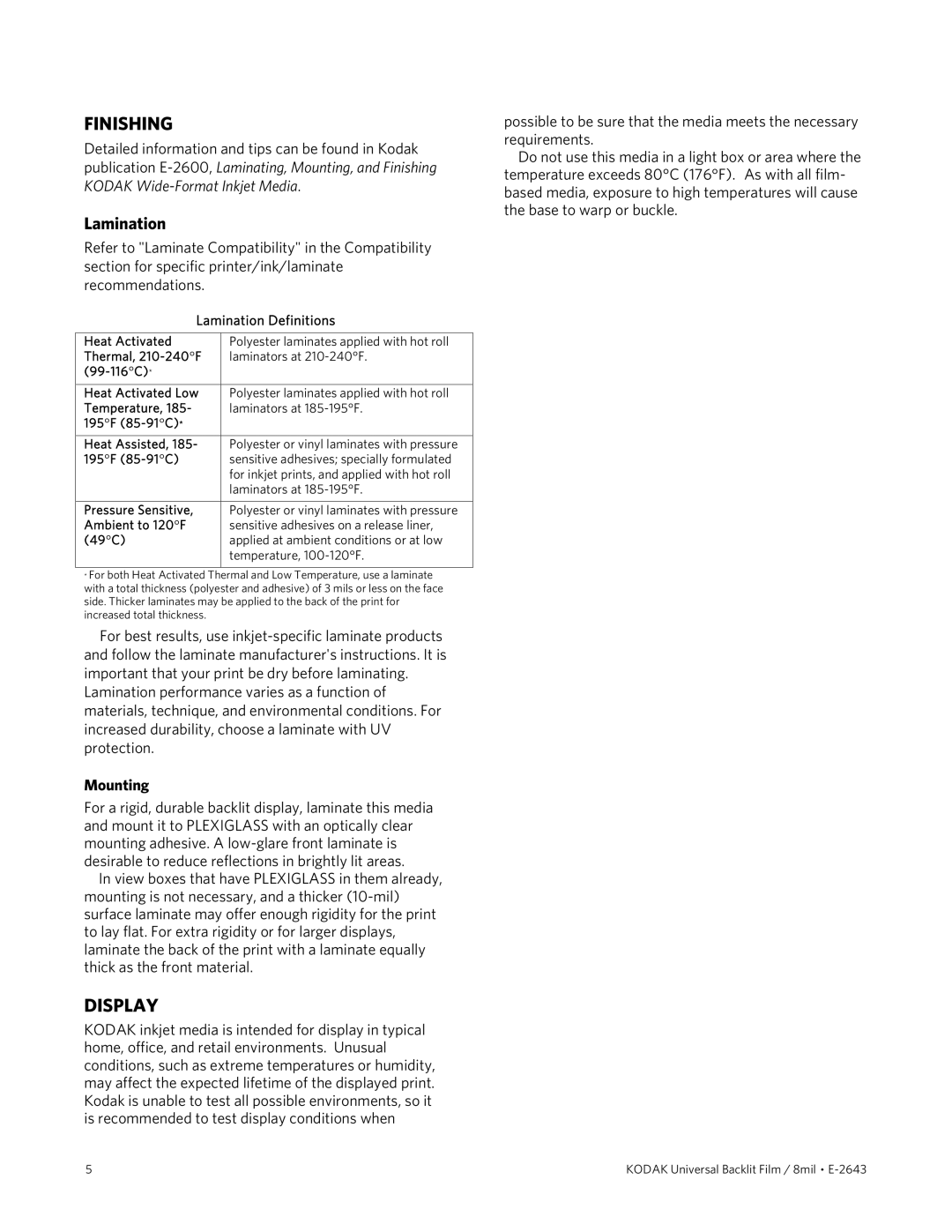 Kodak 8mil manual Finishing, Display, Mounting, Lamination Definitions 