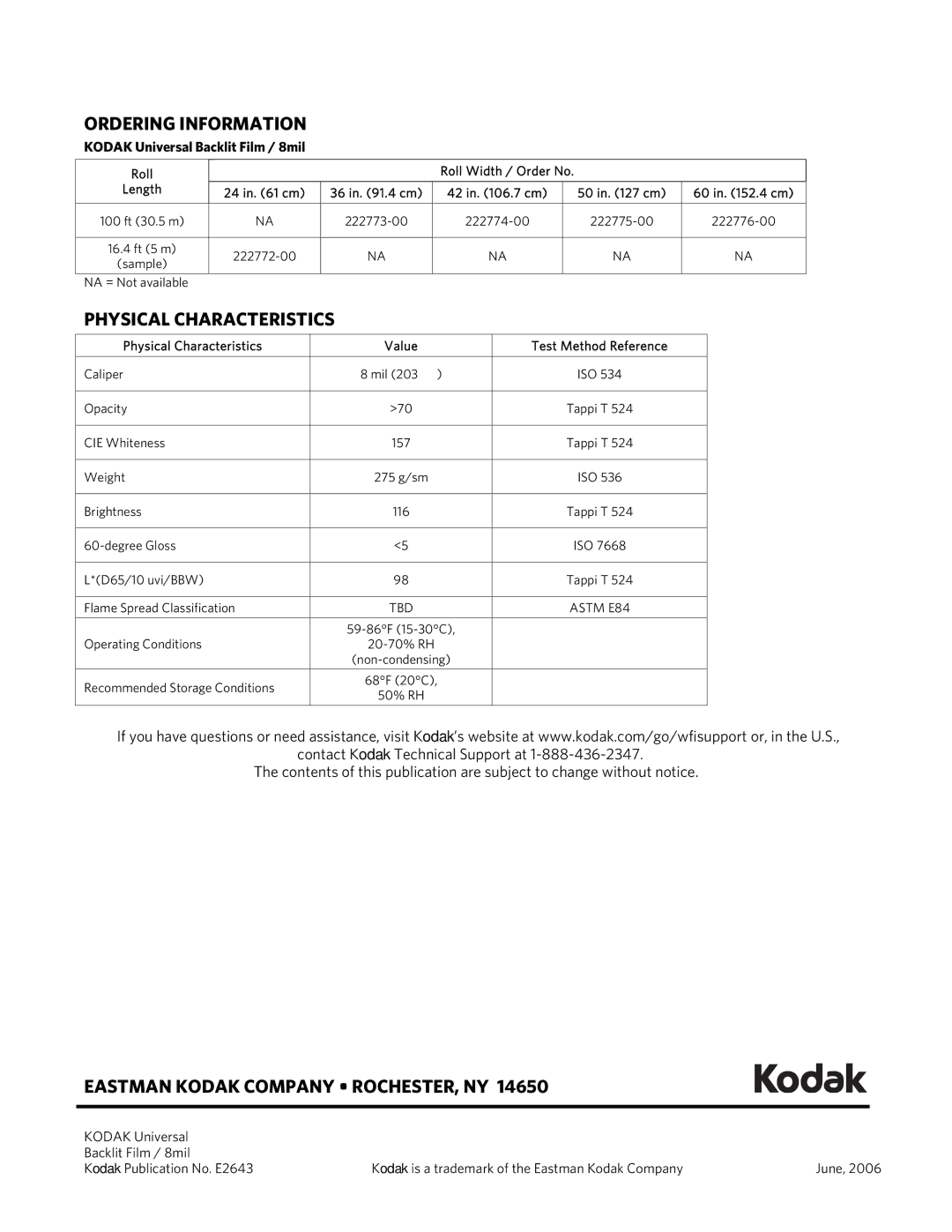 Kodak 8mil manual Ordering Information, Physical Characteristics, Eastman Kodak Company ROCHESTER, NY 