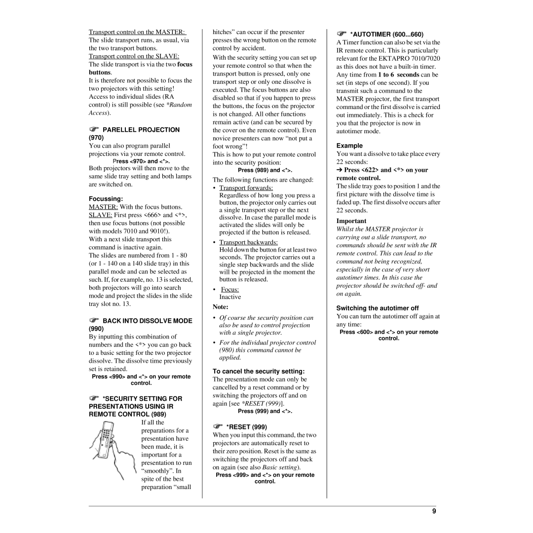 Kodak 7020, 9010 Parellel Projection, Back Into Dissolve Mode, Security Setting for Presentations Using IR Remote Control 