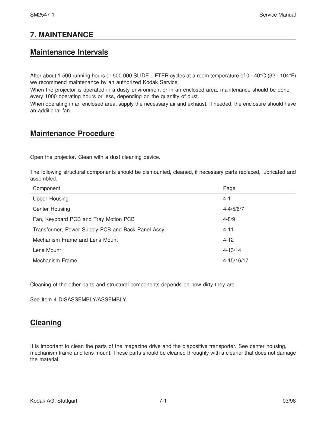 Kodak 7020, 5020, 4020, (9020/CINE) service manual Maintenance Procedure, Cleaning 