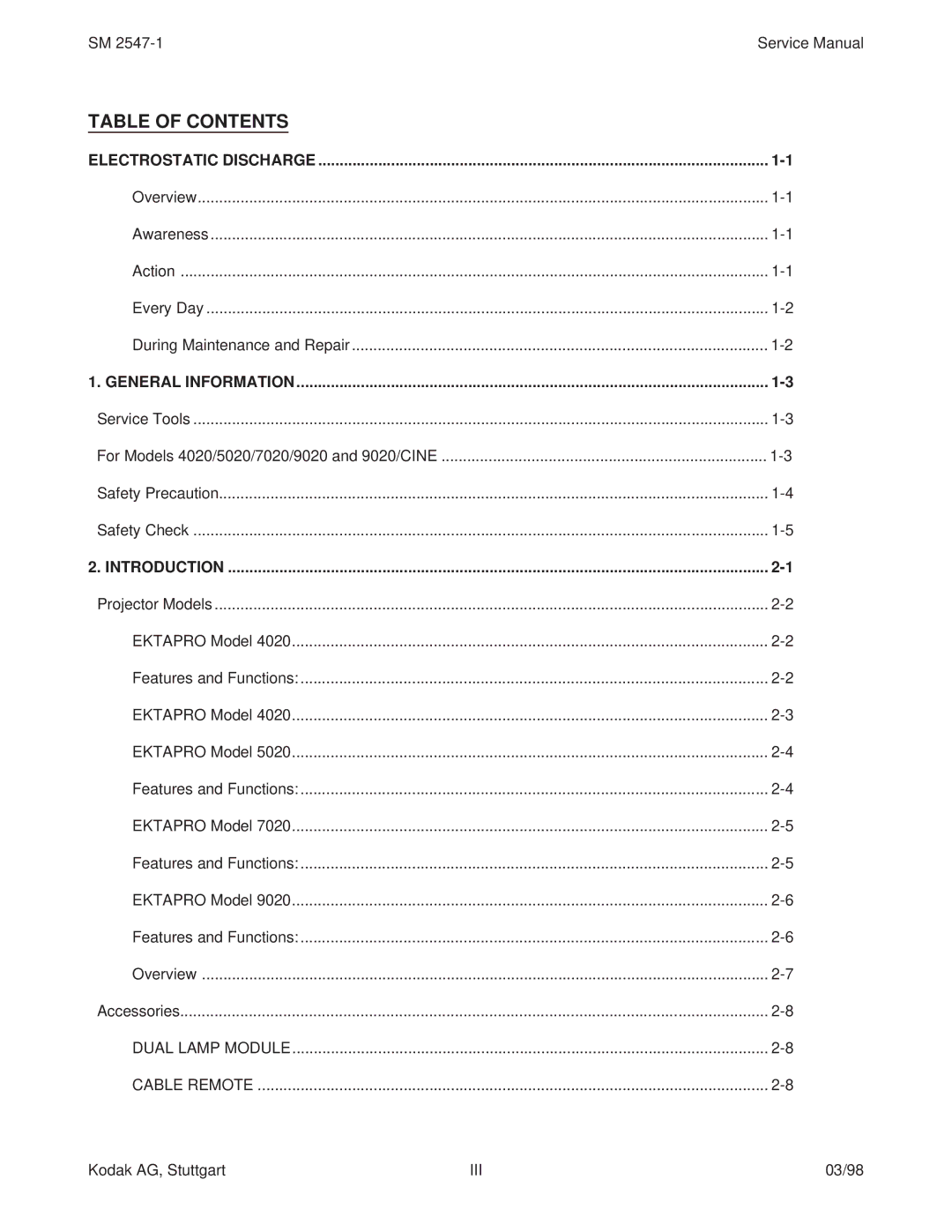 Kodak 4020, 7020, 5020, (9020/CINE) service manual Table of Contents 