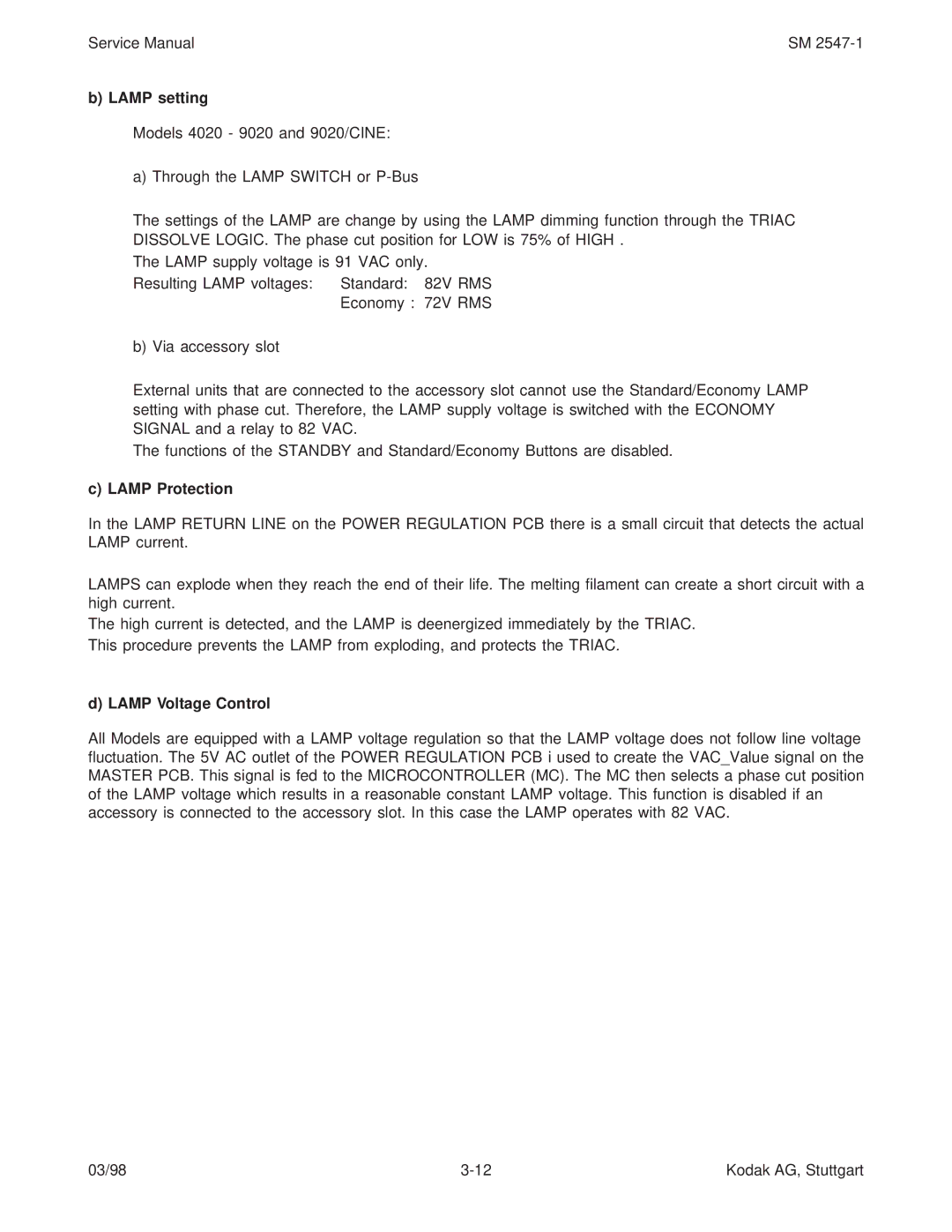 Kodak 4020, 7020, 5020, (9020/CINE) service manual Lamp setting, Lamp Protection, Lamp Voltage Control 