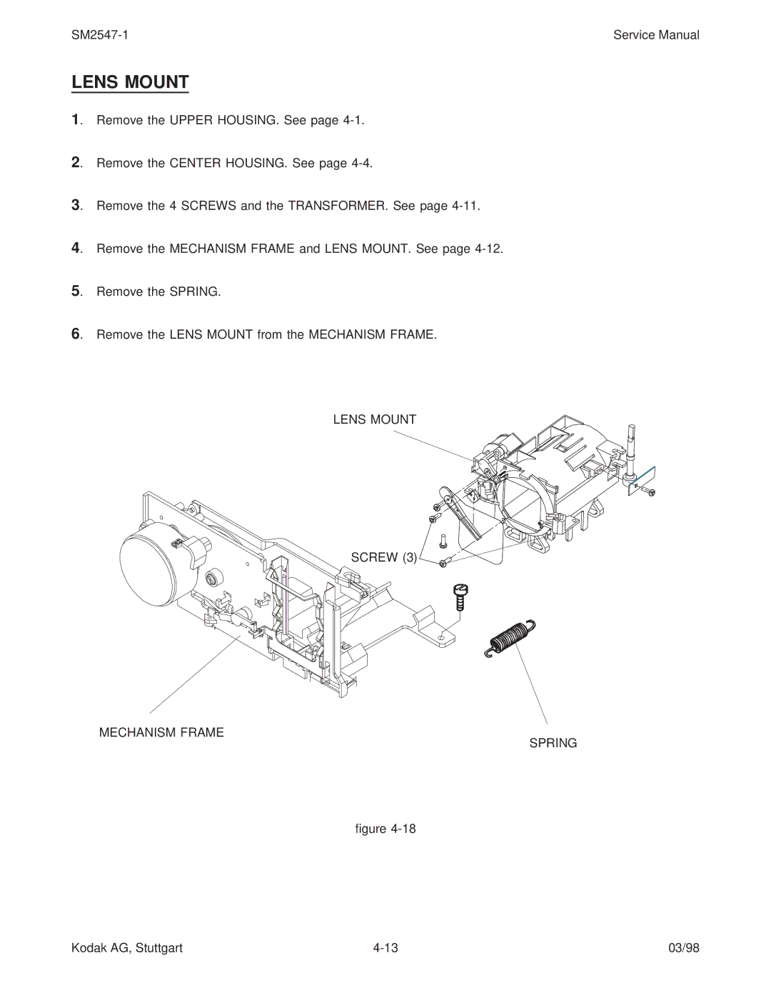 Kodak 7020, 5020, 4020, (9020/CINE) service manual Lens Mount Screw Mechanism Frame Spring 