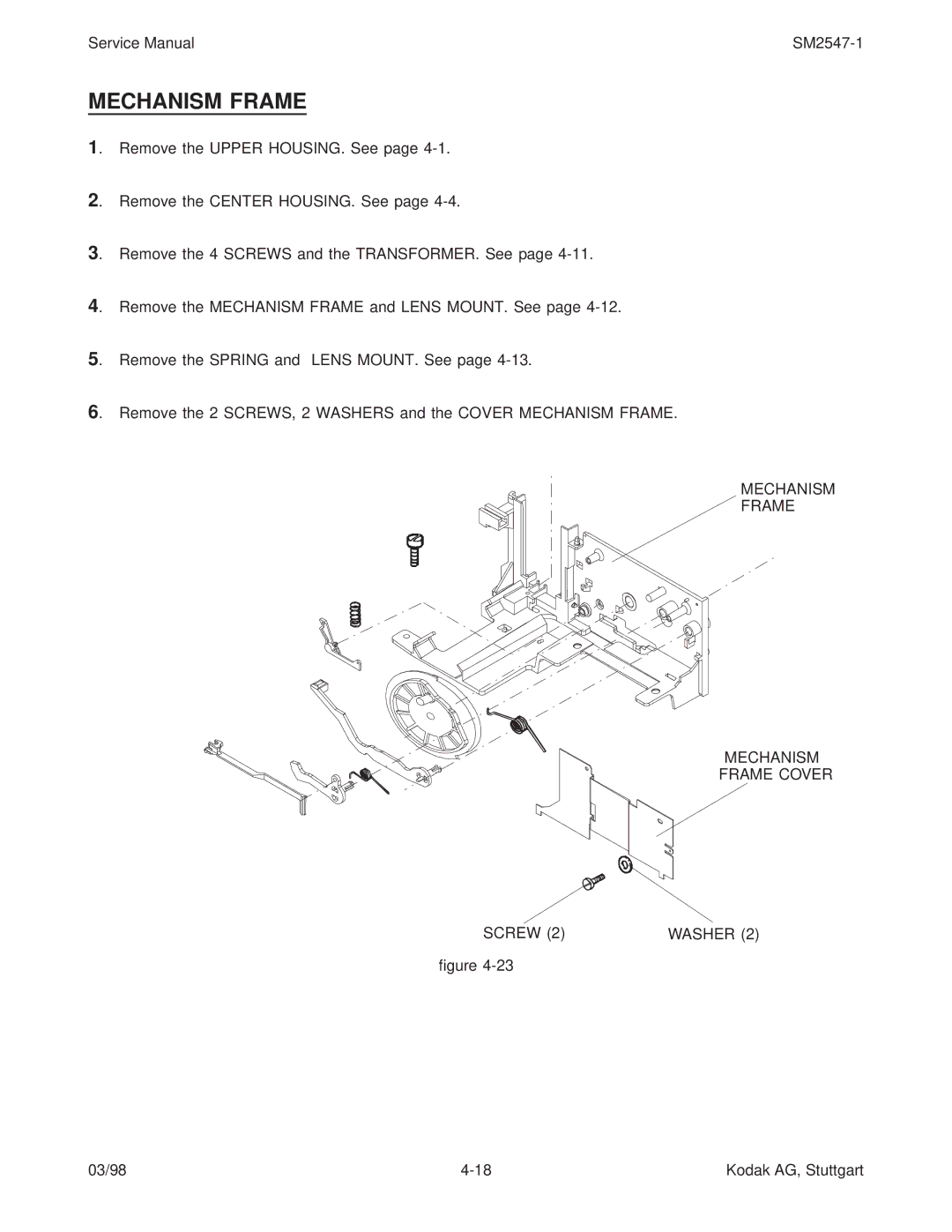 Kodak 7020, 5020, 4020, (9020/CINE) service manual Mechanism Frame Frame Cover Screw Washer 