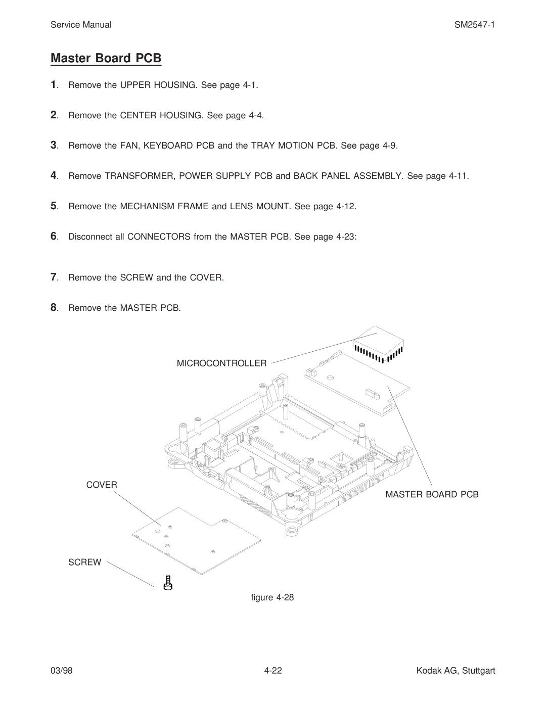 Kodak 7020, 5020, 4020, (9020/CINE) service manual Microcontroller Cover Master Board PCB Screw 