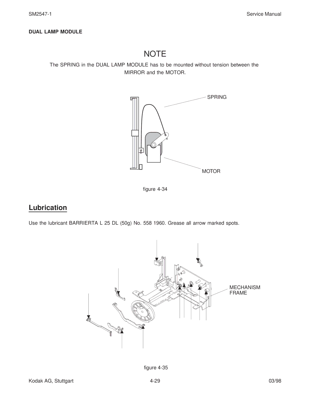 Kodak 5020, 7020, 4020, (9020/CINE) service manual Lubrication, Spring Motor 