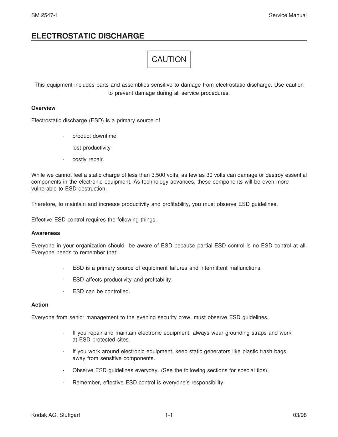 Kodak (9020/CINE), 7020, 5020, 4020 service manual Electrostatic Discharge, Overview, Awareness, Action 