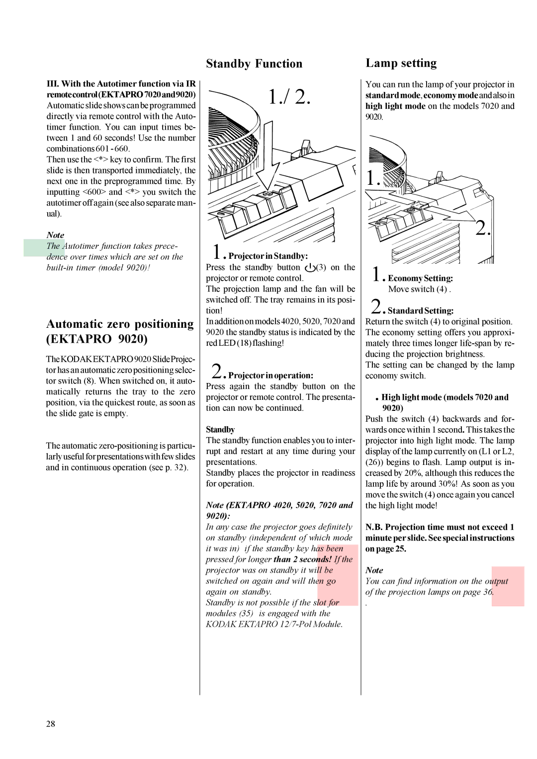 Kodak 4020, 7020, 5020 instruction manual Lamp setting, 9020 