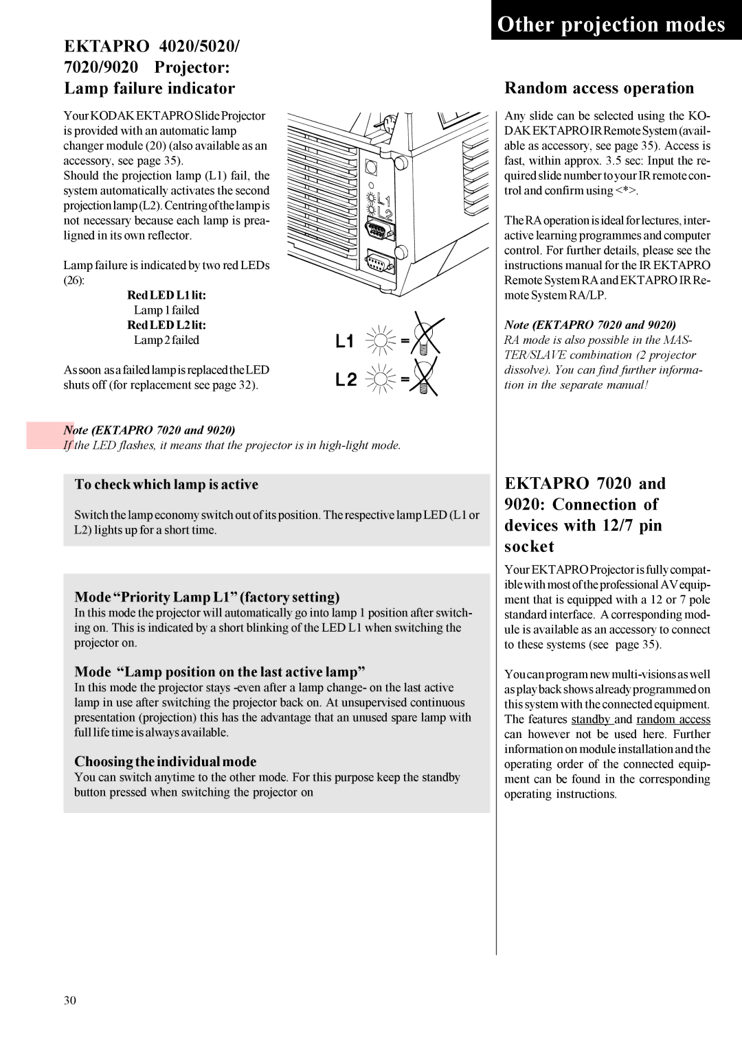 Kodak 7020, 9020, 5020, 4020 instruction manual Random access operation, RedLEDL1lit, RedLEDL2lit 