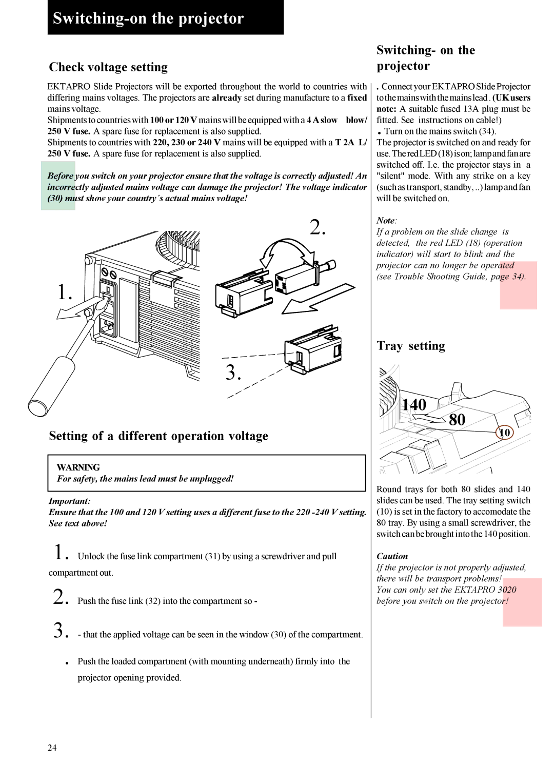 Kodak 4020, 9020 Switching-on the projector, Check voltage setting, Setting of a different operation voltage, Tray setting 