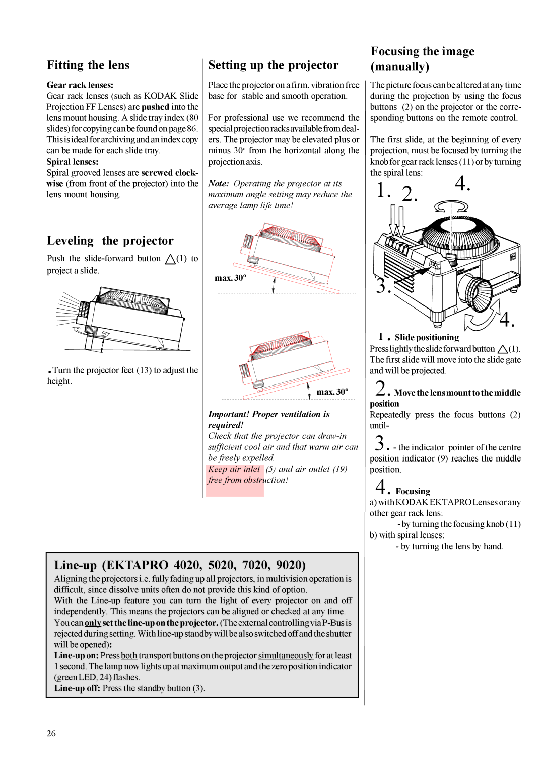 Kodak 9020 Fitting the lens, Leveling the projector, Setting up the projector, Line-up Ektapro 4020, 5020, 7020 