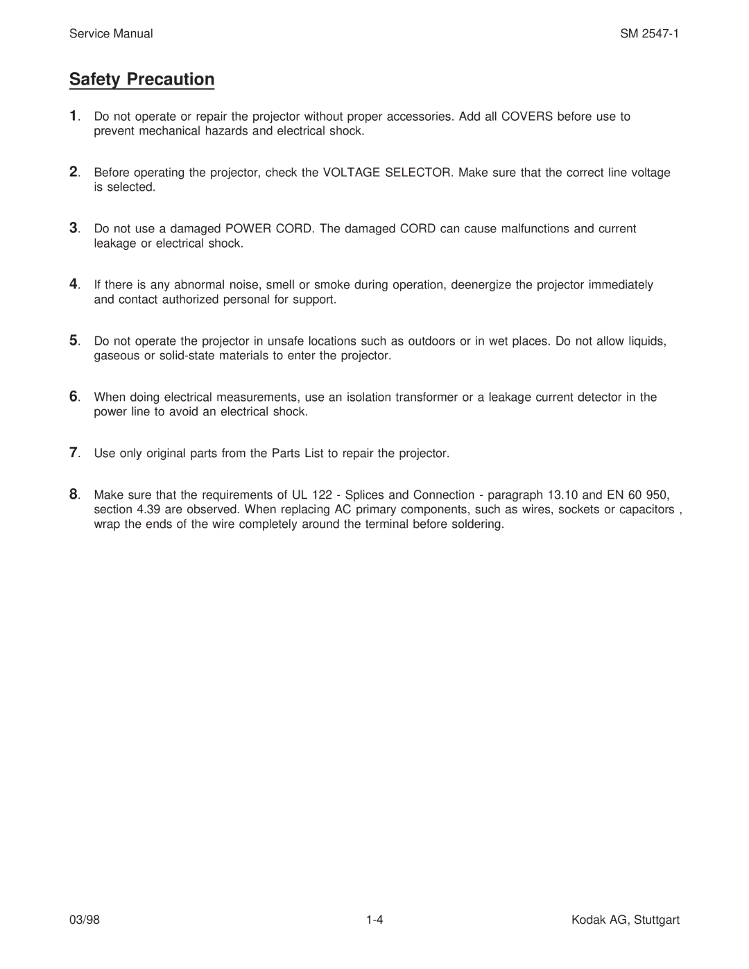 Kodak 9020/CINE service manual Safety Precaution 