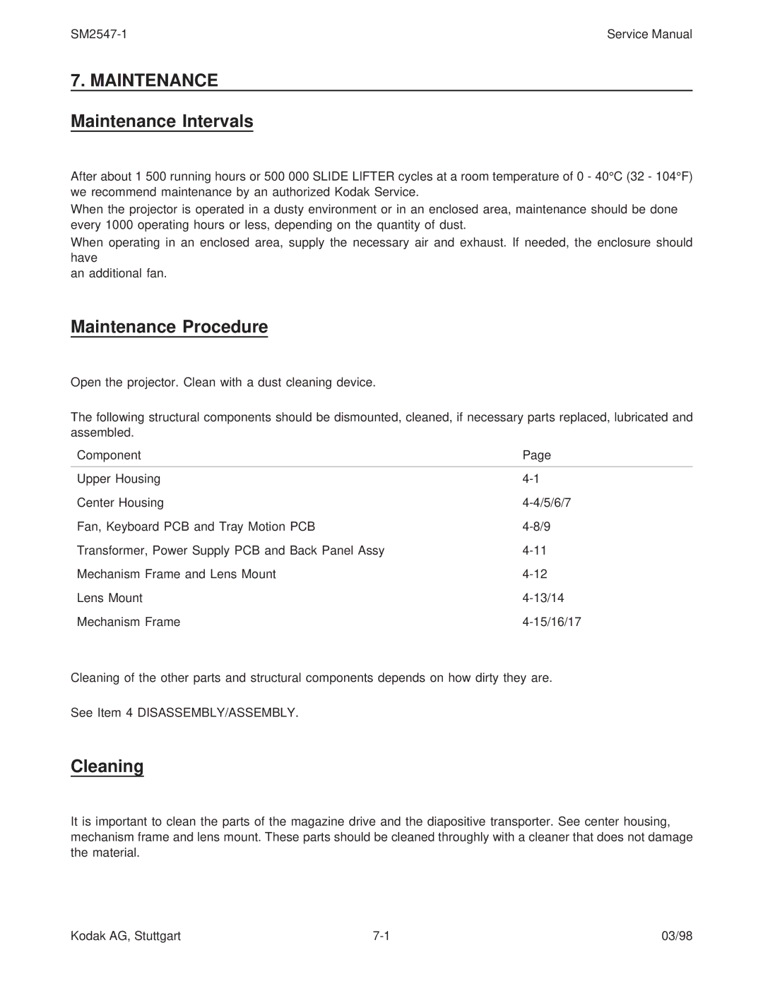 Kodak 9020/CINE service manual Maintenance Procedure, Cleaning 