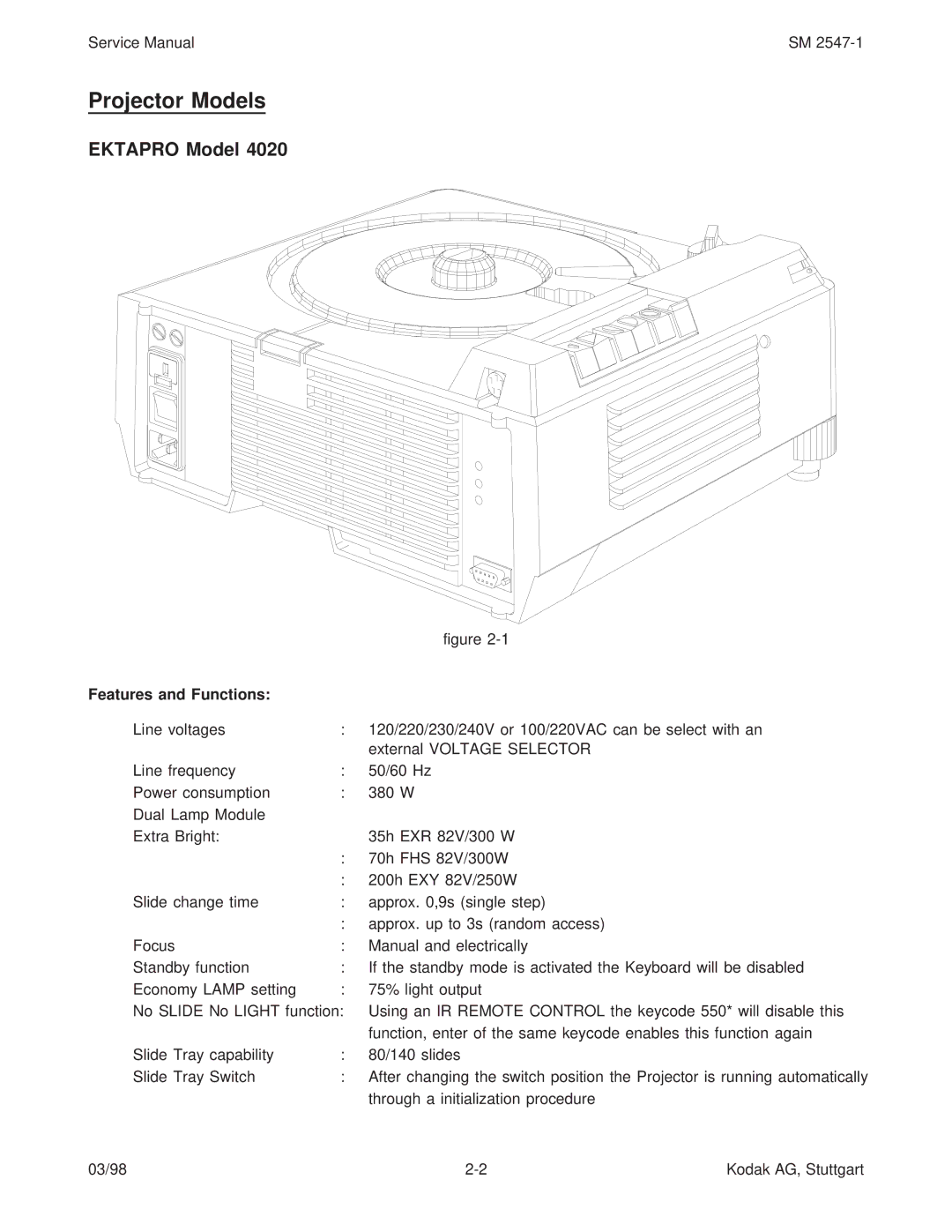 Kodak 9020/CINE service manual Projector Models, Ektapro Model, Features and Functions 