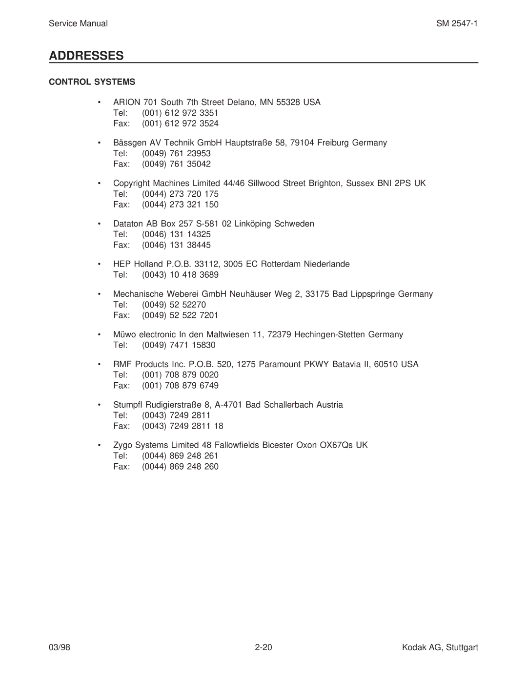 Kodak 9020/CINE service manual Addresses, Control Systems 