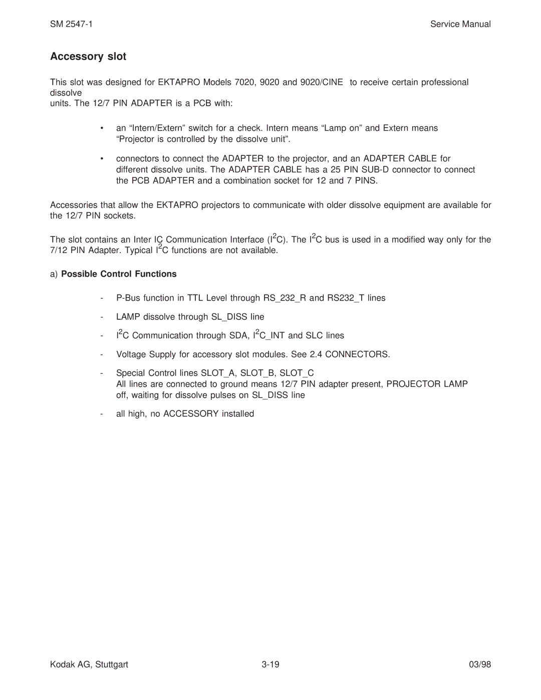 Kodak 9020/CINE service manual Accessory slot, Possible Control Functions 