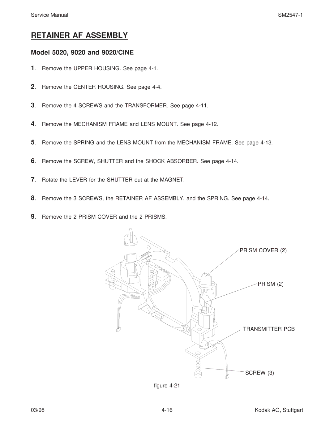 Kodak service manual Retainer AF Assembly, Model 5020, 9020 and 9020/CINE, Prism Cover Transmitter PCB Screw 