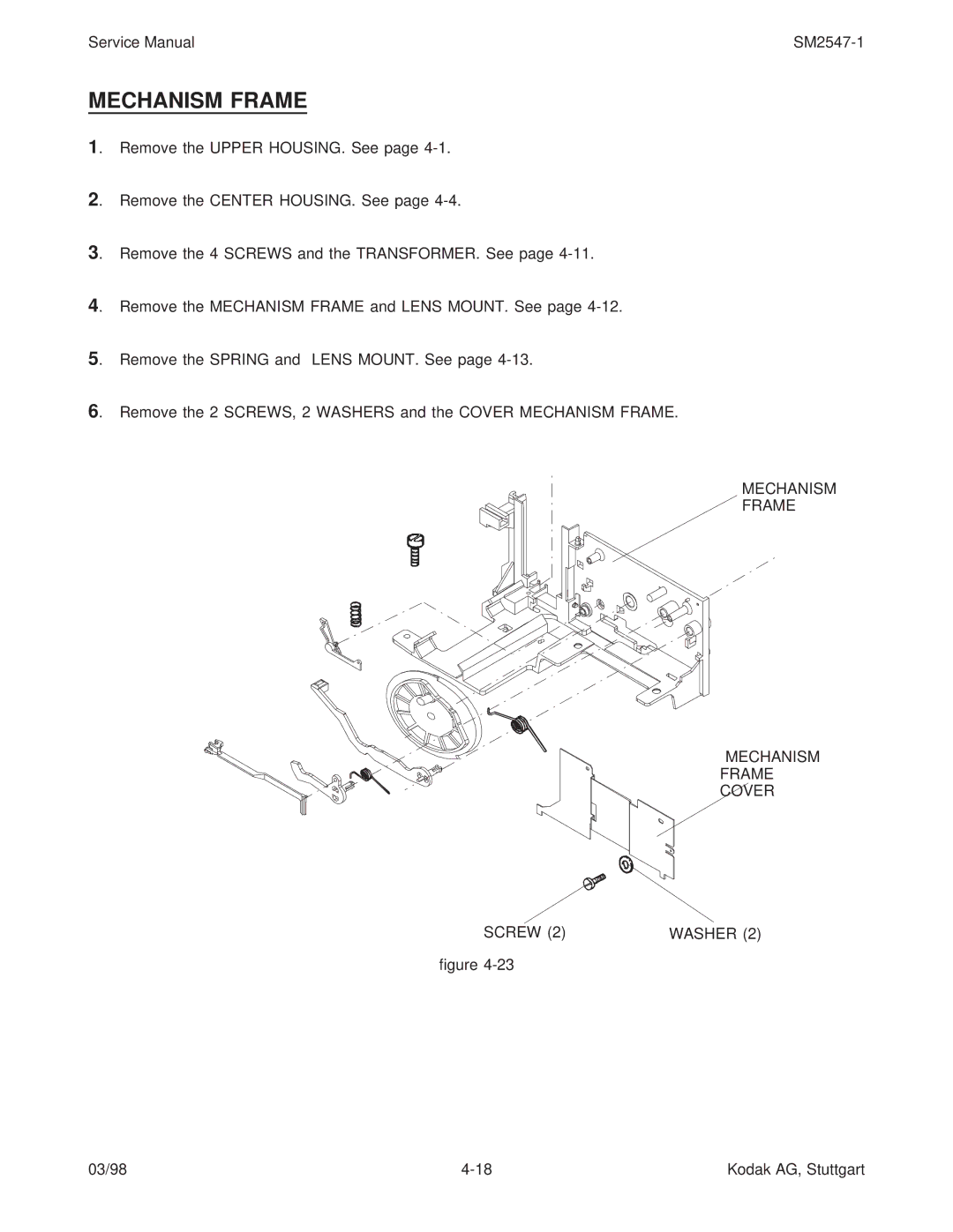 Kodak 9020/CINE service manual Mechanism Frame Cover Screw Washer 