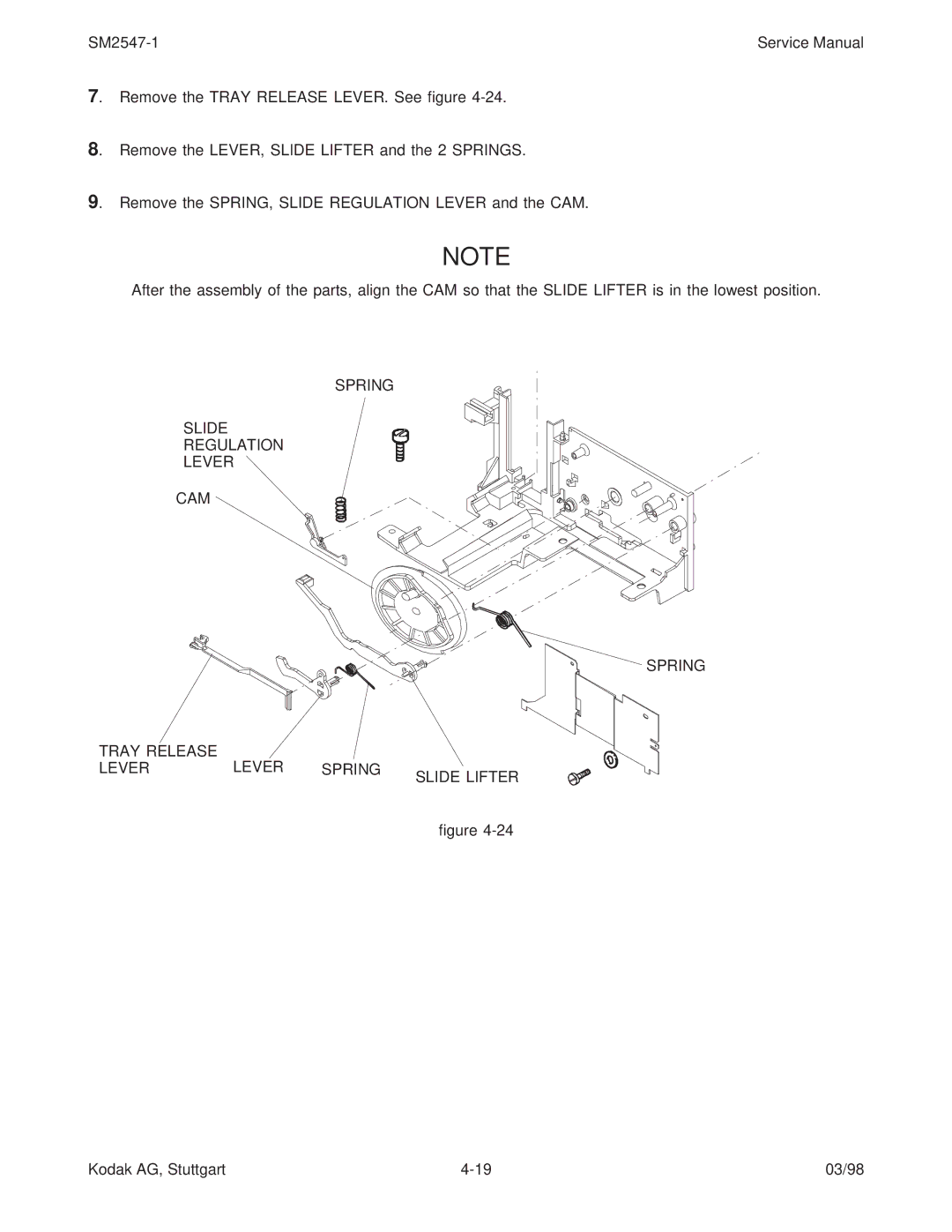 Kodak 9020/CINE service manual Spring Slide Regulation Lever CAM Tray Release Slide Lifter 