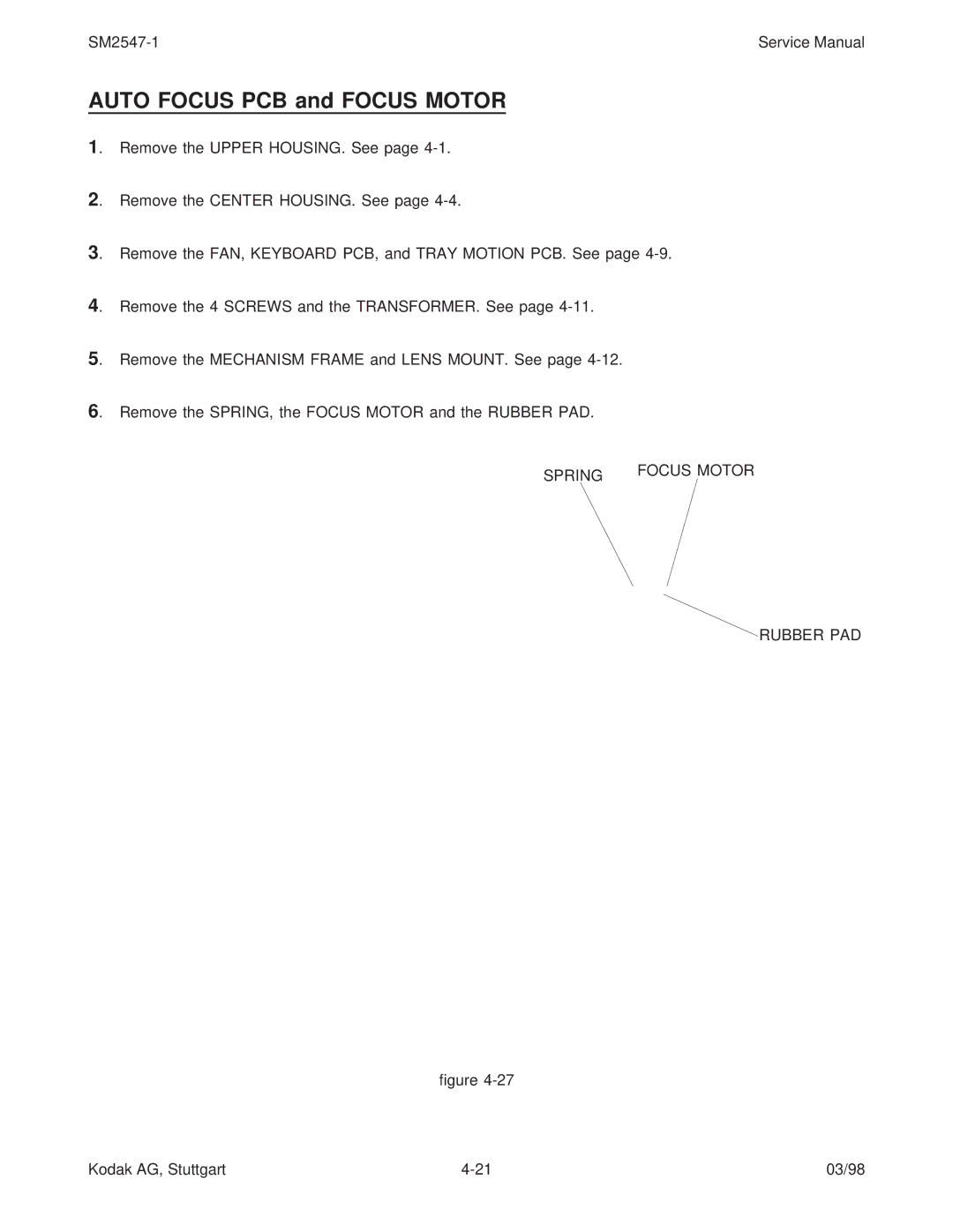 Kodak 9020/CINE service manual Auto Focus PCB and Focus Motor, Spring Focus Motor Rubber PAD 