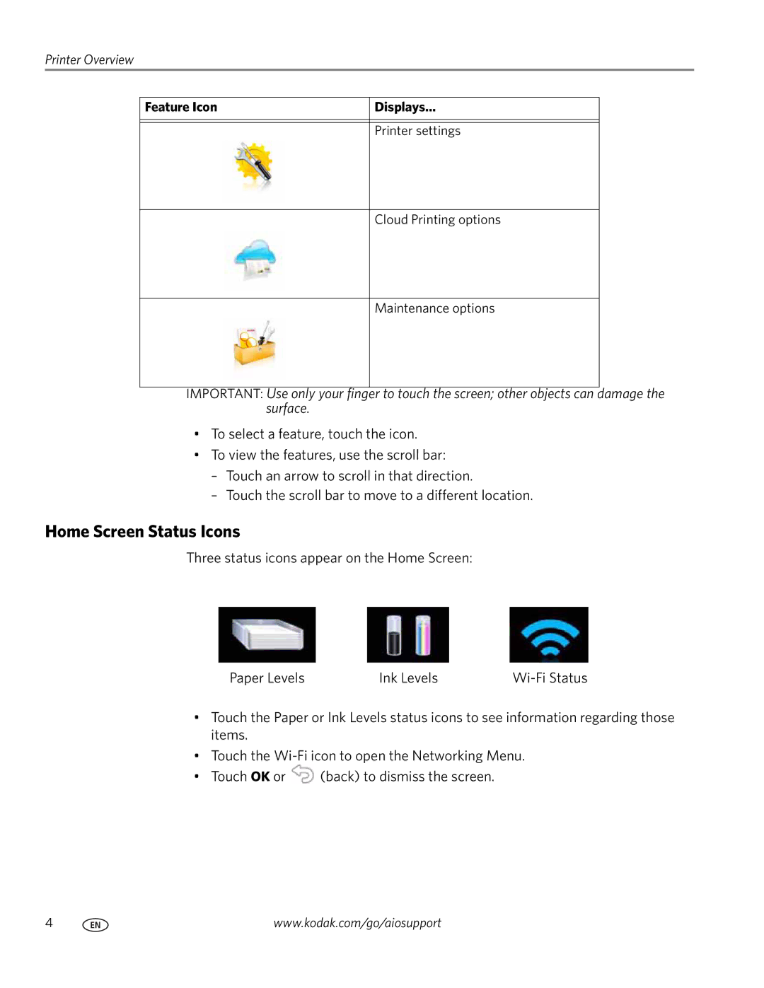 Kodak 9.1 manual Home Screen Status Icons 