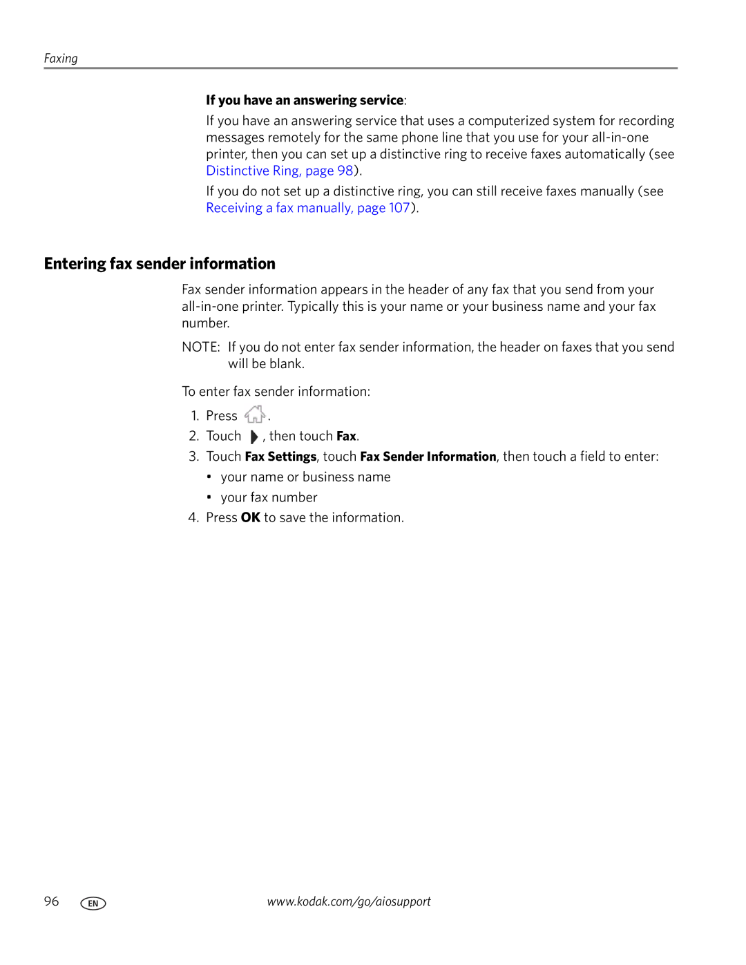 Kodak 9.1 manual Entering fax sender information, If you have an answering service 