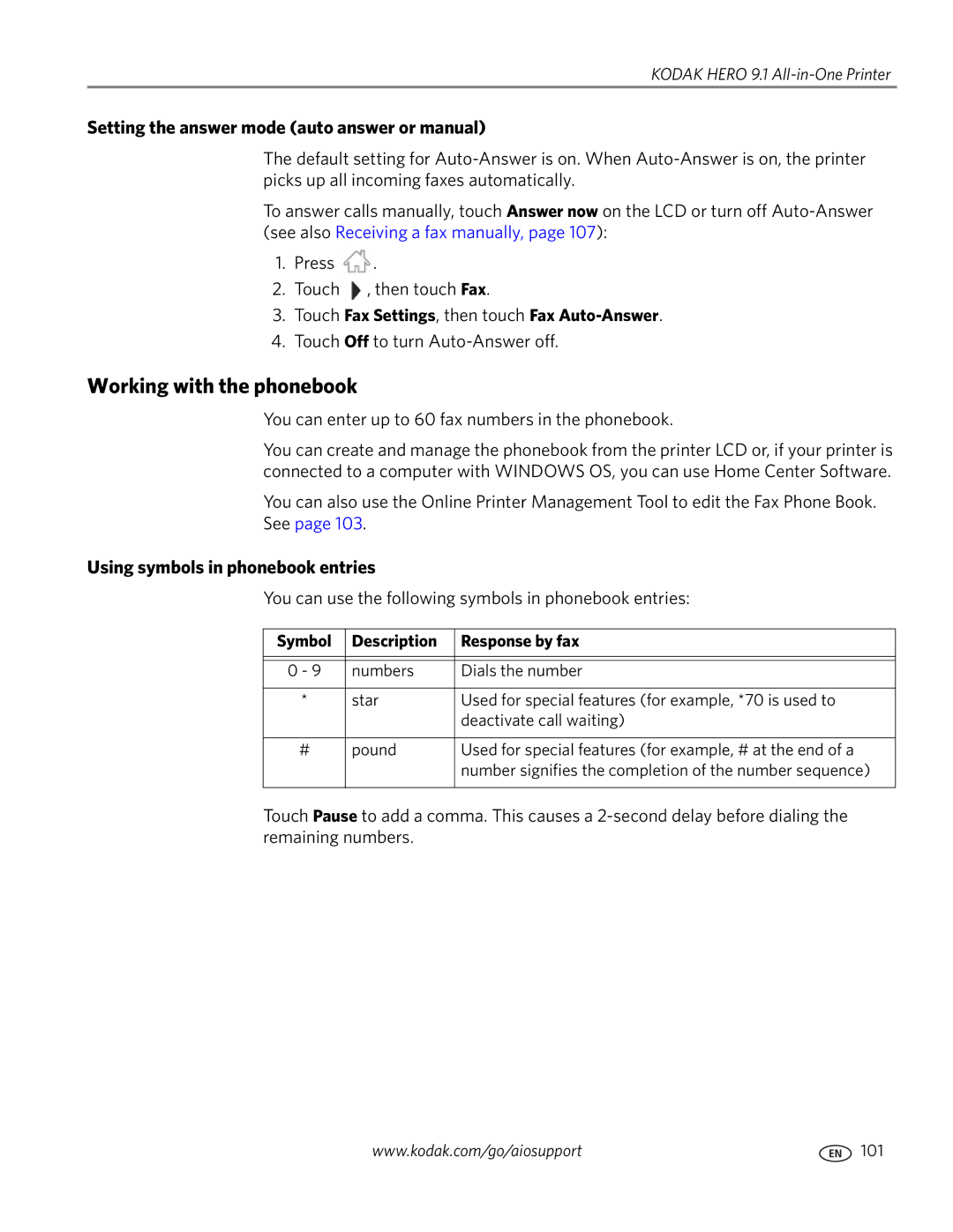 Kodak 9.1 Working with the phonebook, Setting the answer mode auto answer or manual, Using symbols in phonebook entries 