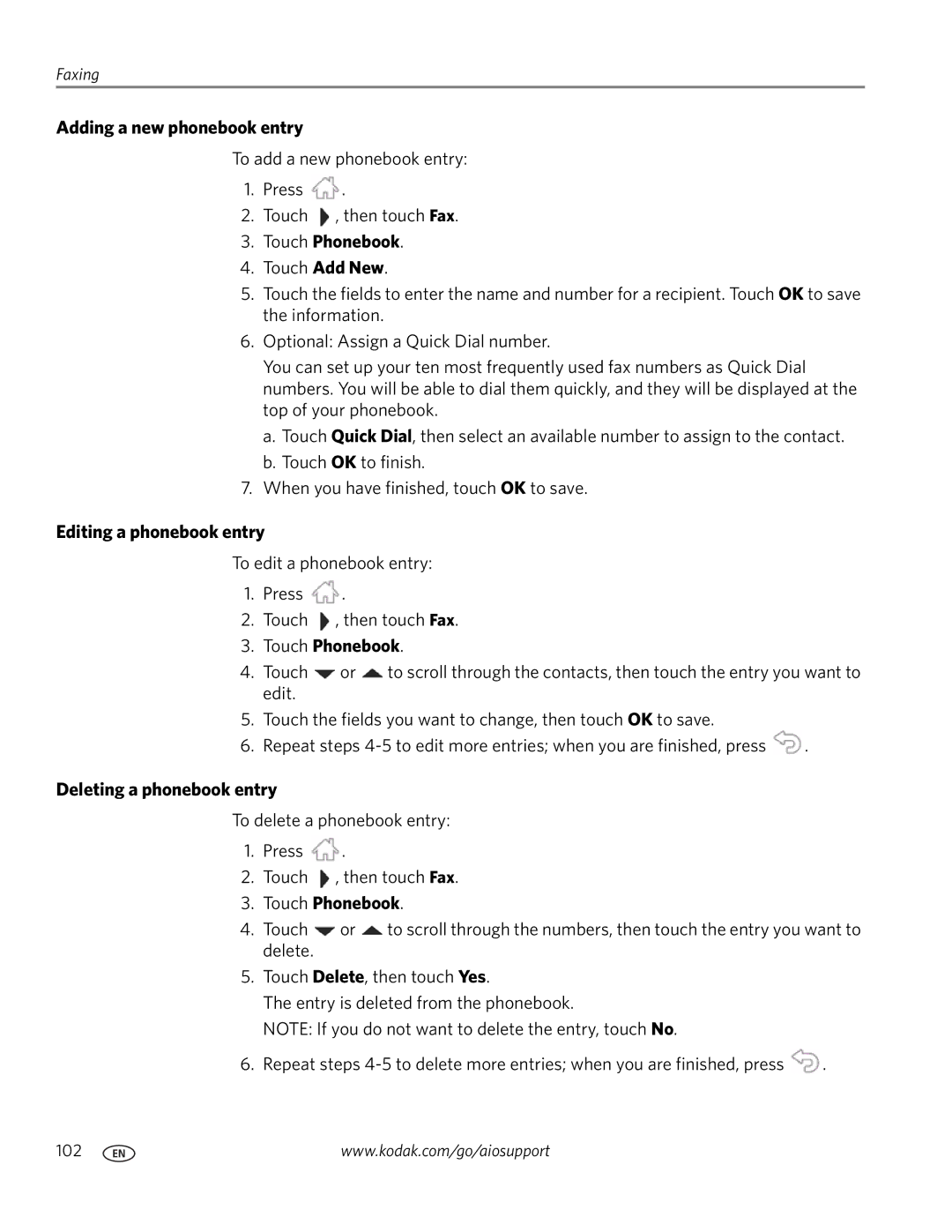 Kodak 9.1 manual Adding a new phonebook entry, Touch Phonebook, Editing a phonebook entry, Deleting a phonebook entry 