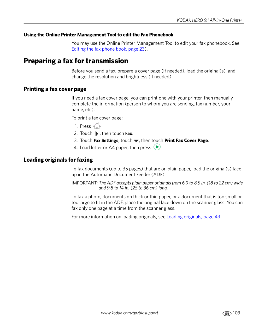 Kodak 9.1 manual Preparing a fax for transmission, Printing a fax cover, Loading originals for faxing 