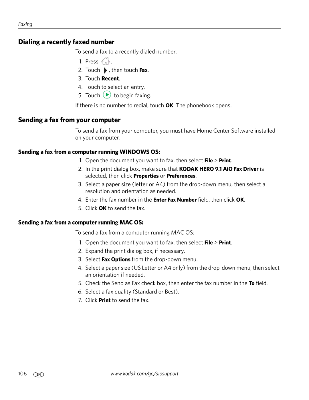 Kodak 9.1 Dialing a recently faxed number, Sending a fax from your computer, Sending a fax from a computer running MAC OS 