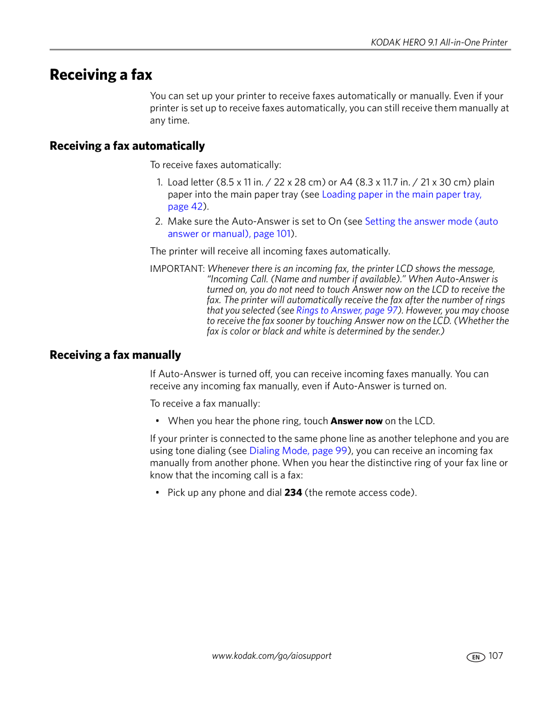 Kodak 9.1 Receiving a fax automatically, Receiving a fax manually 